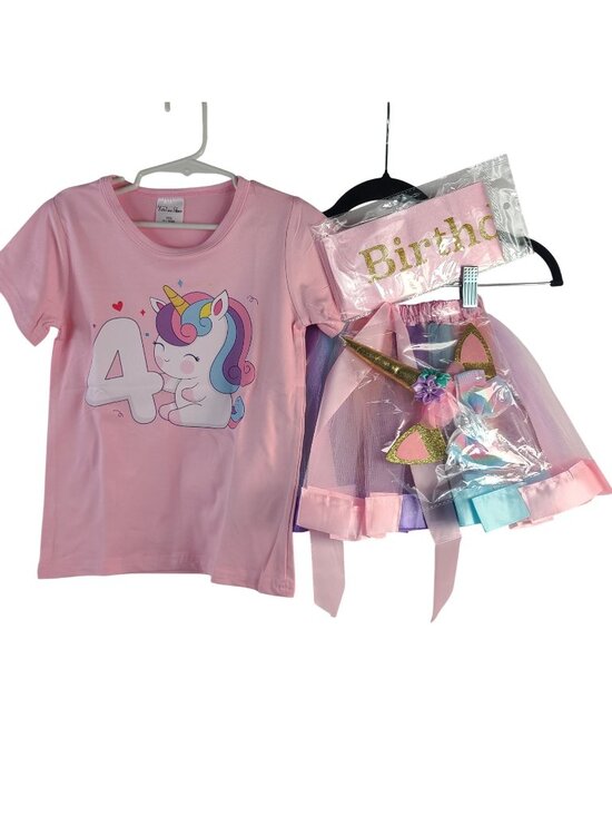Tutoo & Slam Other - Unicorn 4th Birthday Outfit Set Pink Shirt Tutu Birthday Sash & Unicorn Headband
